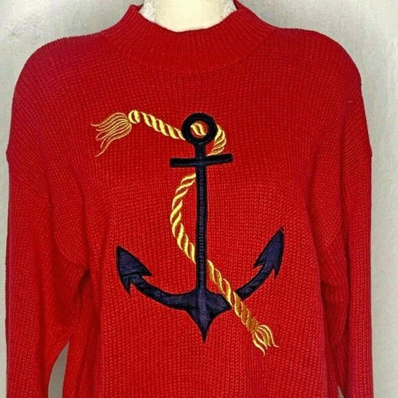 Vintage 80s Knit Pullover Sweater L Red Anchor Nau - Picture 1 of 5